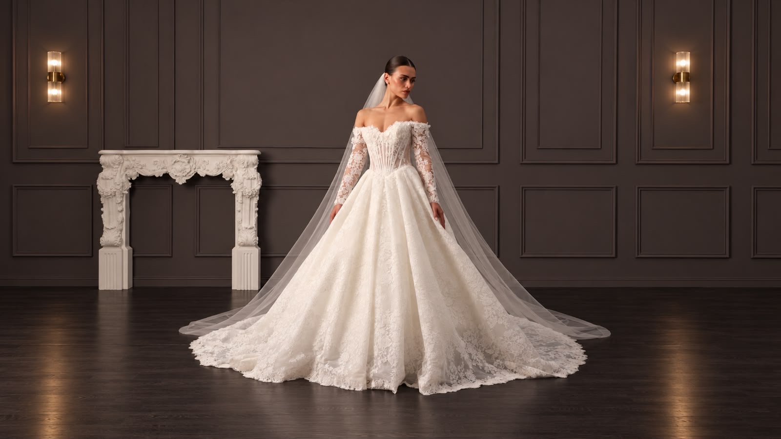 Sposa in abito principesco di pizzo con velo e maniche lunghe