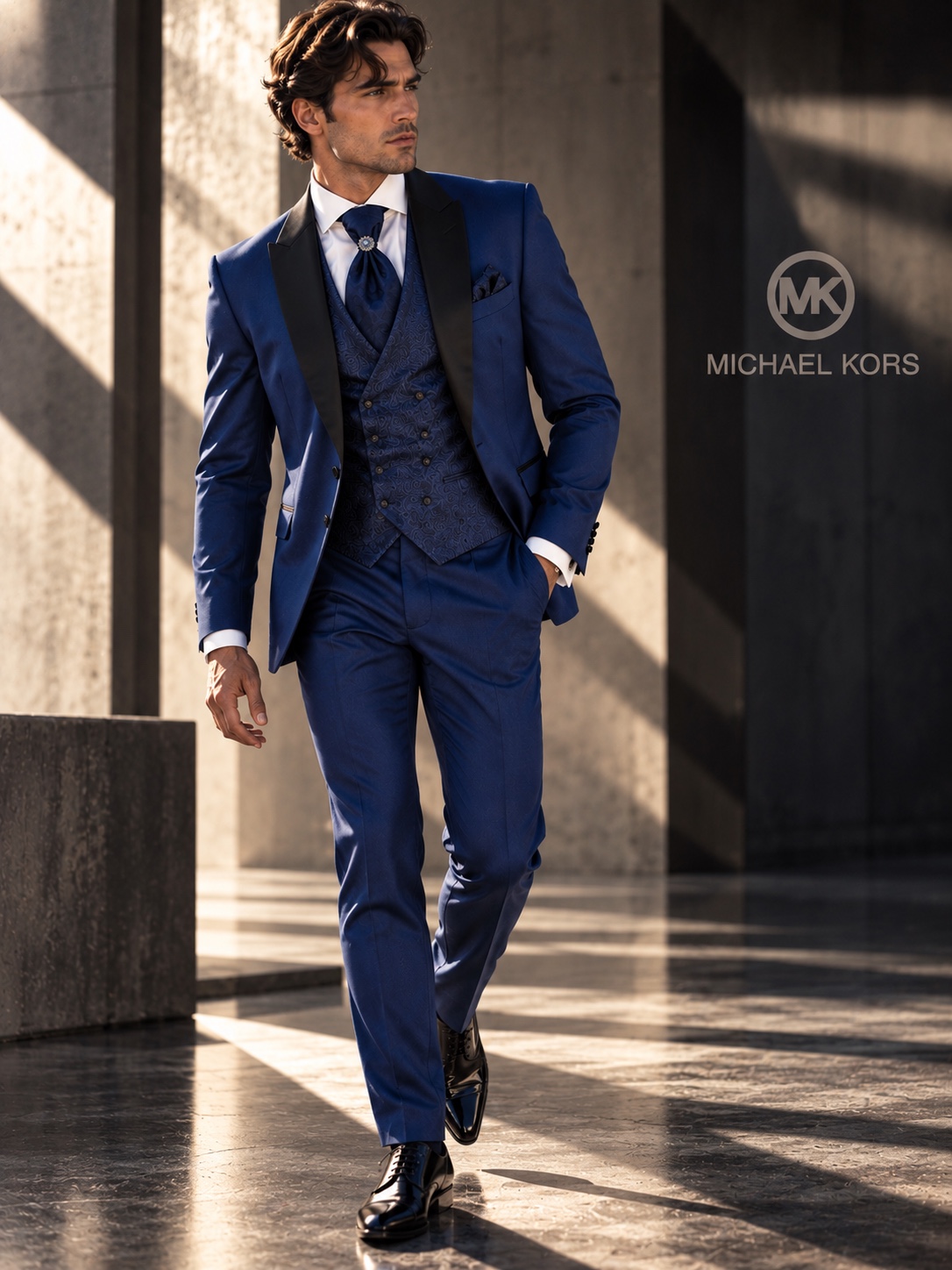 Abito uomo Michael Kors blu con gilet fantasia e revers scuri