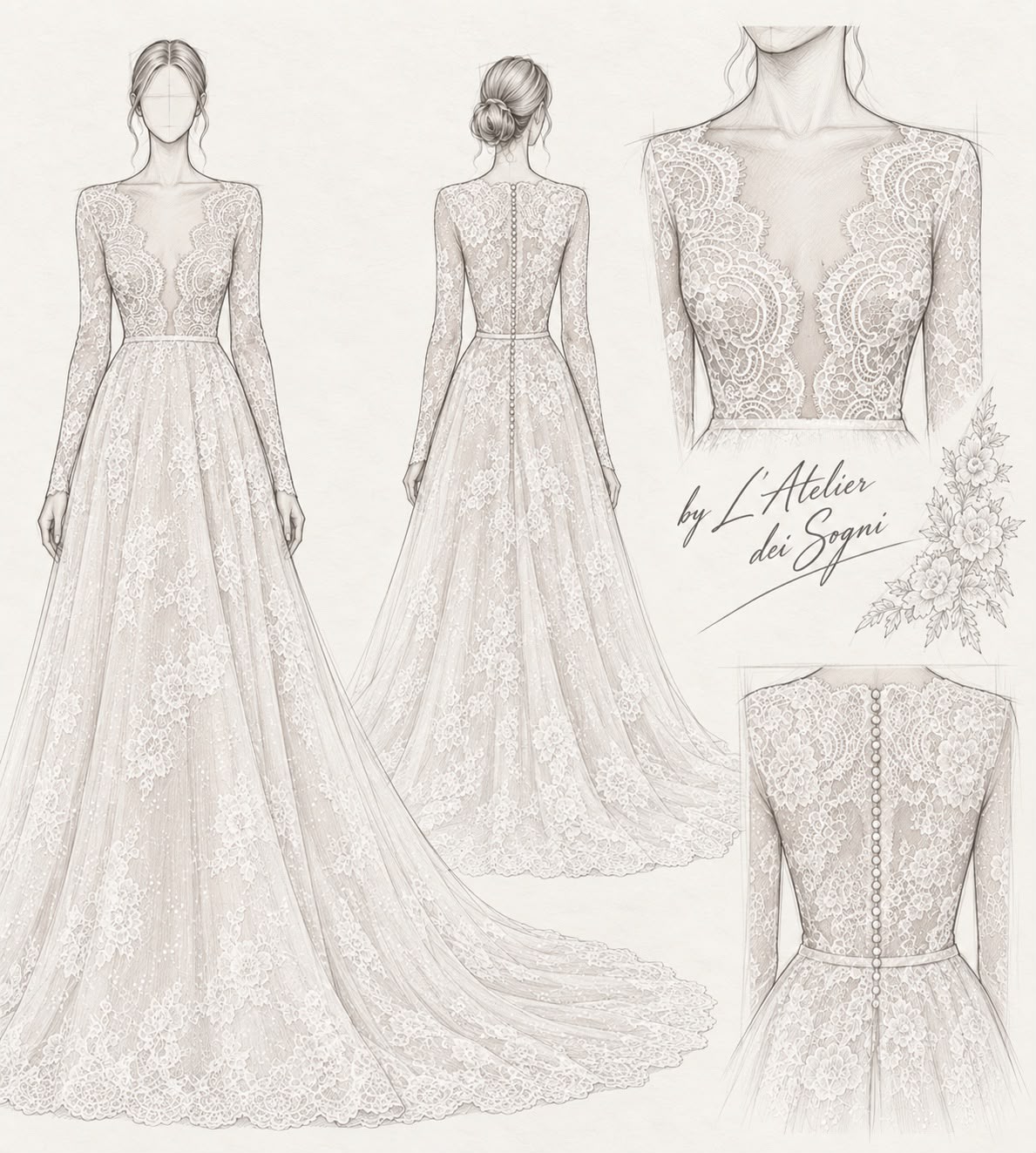 Bozzetto di un abito sposa firmato L’Atelier dei Sogni
