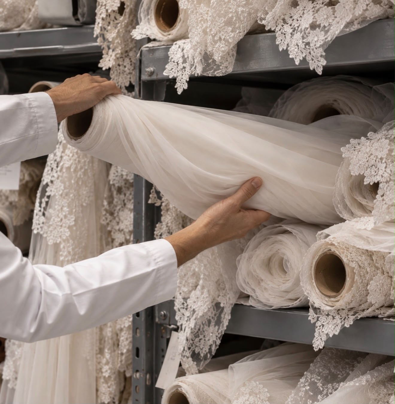 Selezione di tulle e pizzi nel laboratorio sartoriale