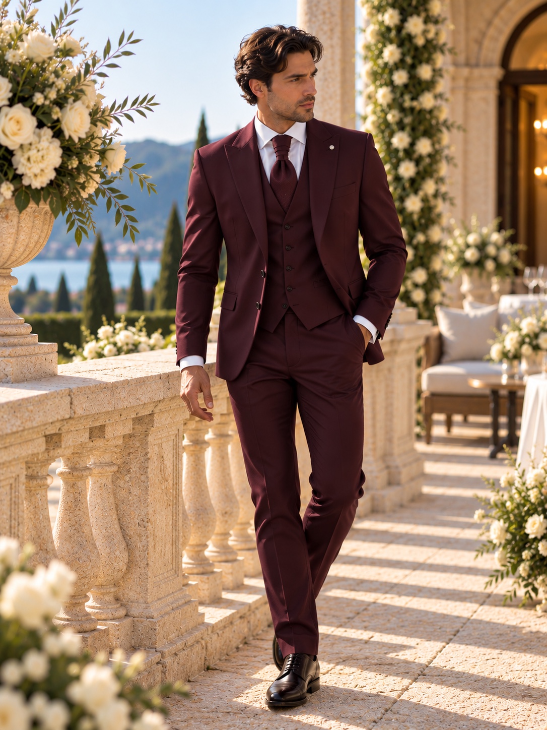 Abito bordeaux con gilet, ispirazione per il proprio stile